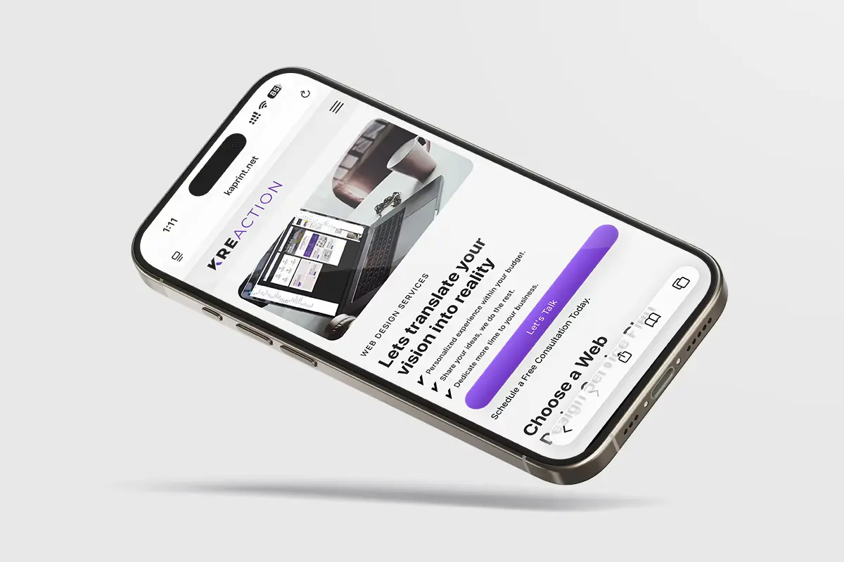 Phone showing the Kreaction web design services page